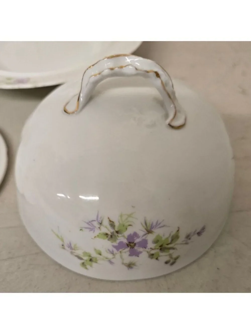 Antique Ceramic Covered Butter Dish Purple Floral Design Perforated Insert Plate